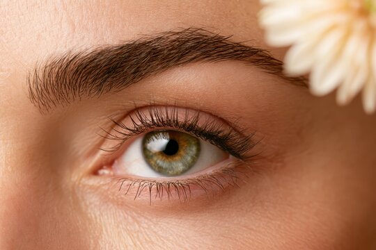 Close up of young female eye with long eyelashes, shaped eyebrow and clean skin near flower. Cosmetic makeup, dermatology anti aging rejuvenation. Ophthalmology vision health and beauty care solution.