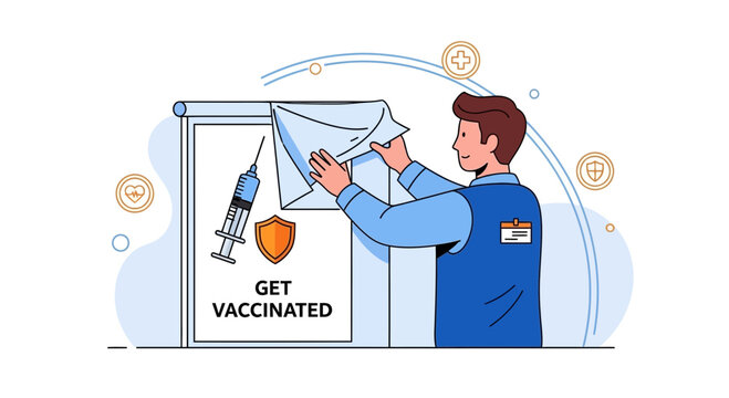 Healthcare worker puts up "Get Vaccinated" poster with syringe and shield icon