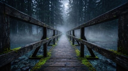 Obraz premium Mysterious Wooden Bridge Leading Through a Misty Forest Over a Clear Stream