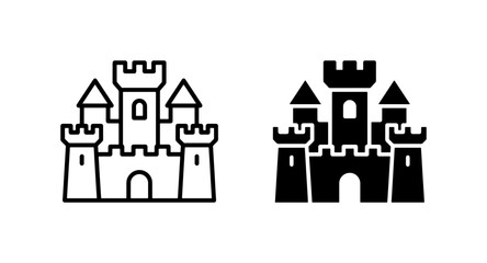 Medieval Castle Icons, Royal Fortress Symbols, Fantasy Kingdom Architecture, Black and White Vector Graphics © Sumona