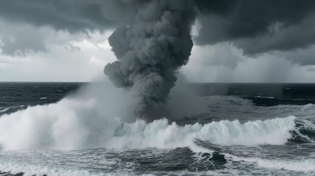 A dramatic scene of a volcanic eruption near the ocean, with dark smoke billowing into the sky and rough waves crashing.