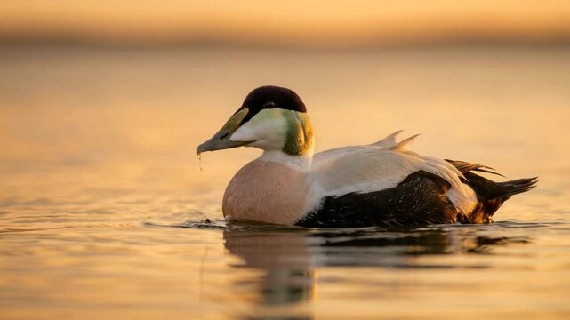eider duck on a northern european lake close up at golden light video