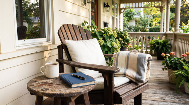 Cozy wooden porch chair with pillow blanket coffee mug and journal for relaxing morning reading outdoor lifestyle concept