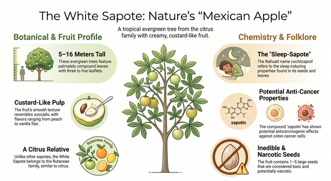 Educational infographic exploring white sapote (Casimiroa edulis), its biology, nutrition, cultivation and traditional uses.