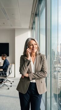 A smiling mature woman with grey hair talks on her smartphone by a window. She represents confidence and successful leadership in a modern workspace. Great for corporate and career content.