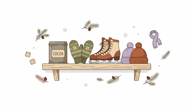 Flat lay illustration of autumn objects on wooden shelf.