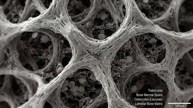 Microscopic view of spongy bone tissue structure
