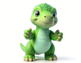 Fototapeta premium A green cartoon dinosaur stands smiling with raised hands on a white background.