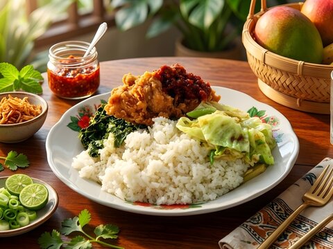 Nasi campur or Nasi Padang&mdash;a signature dish from West Sumatra&mdash;is served with accompaniments such as lime, fried shallots, and sambal.
