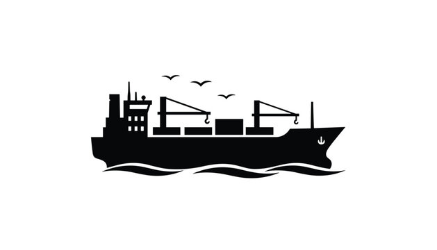 Black silhouette of a large cargo ship carrying containers over stylized waves with seagulls flying above to represent global shipping logistics.