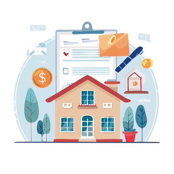 Flat illustration of house with financial and real estate elements