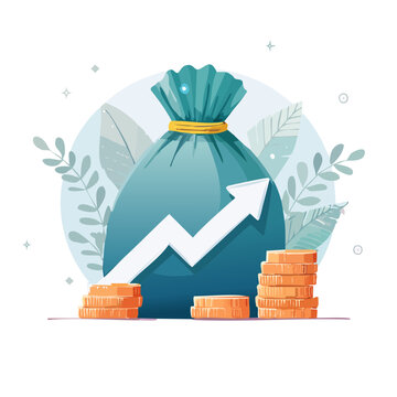 Money bag with upward arrow and gold coins vector illustration