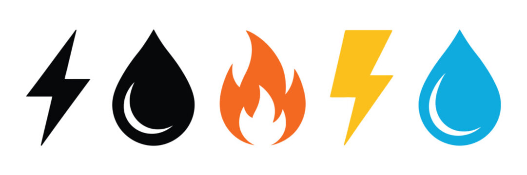 Gas electricity and water icon featuring lightning bolt, water drop, fire symbol, utility service, energy supply and outline vector