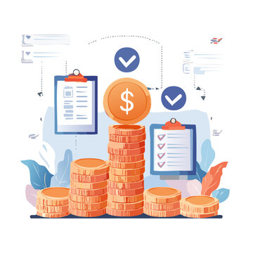 Stacks of Coins with Dollar Sign and Checkmarks