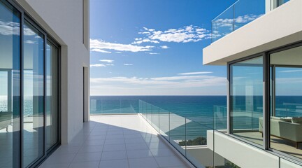 Fototapeta premium Modern white terrace with glass railings faces blue sea and sky. Sunny day, ocean horizon, calm water, clean architecture. Spacious balcony with white tiles.