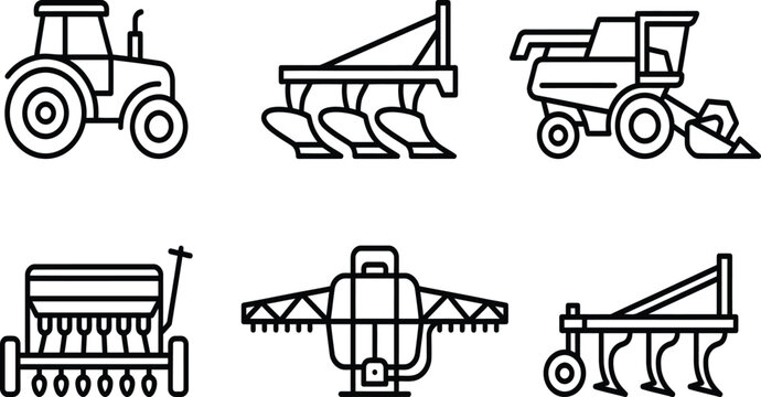 Agricultural machinery tractor line icons with harvester and plow