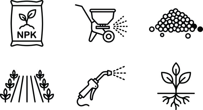 Fertilizer application icons with spreader machine and field