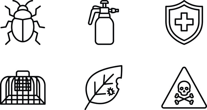 Pest control crop protection icons with insect and warning sign
