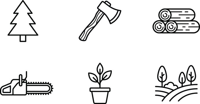 Forestry lumberjack icons with chainsaw and forest landscape