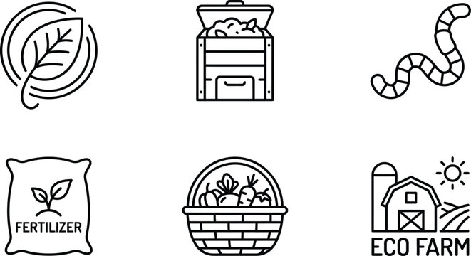 Organic farming line icons with compost bin and eco farm
