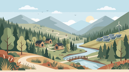 Sustainable green energy village nestled in a beautiful mountain valley featuring solar panels and a wind turbine vector graphic illustration © hadi