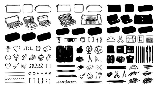 Back to School Stationery and Pencil Case Vector Icon Set Featuring Outline and Solid Glyph Styles for Organizers, Pens, Scissors, Notebooks, and Creative Journaling Layouts