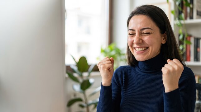 Generative AI, Excited woman celebrating success looking at computer screen at home