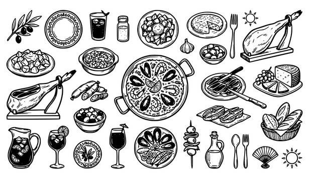 Spanish Tapas and Traditional Cuisine Hand Drawn Doodle Vector Icon Set with Paella, Jamon Iberico, Sangria, Olives, and Seafood elements for Restaurant Menus