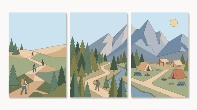 Three panel vector illustration set featuring hikers walking on mountain paths and a peaceful campsite with tents under sunlight