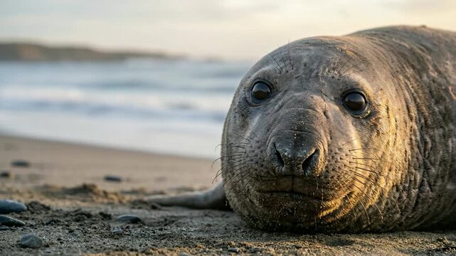 elephant seal resting on san simeon beach at soft morning light close up video