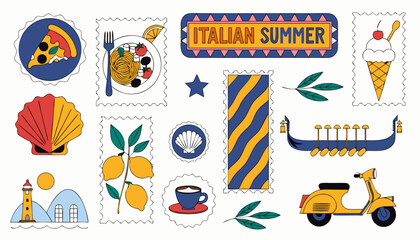 Very beautiful realistic vector illustration of an Italian Summer Doodle Postage Stamp Vector Set featuring vintage postcard-inspired food and travel illustrations including pizza, pasta, gelato, espr © williamnoah
