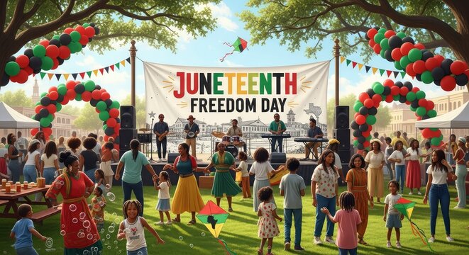Community Celebration for Juneteenth Freedom Day with Live Band, People Dancing, and Colorful Decorations in a Sunny Outdoor Park