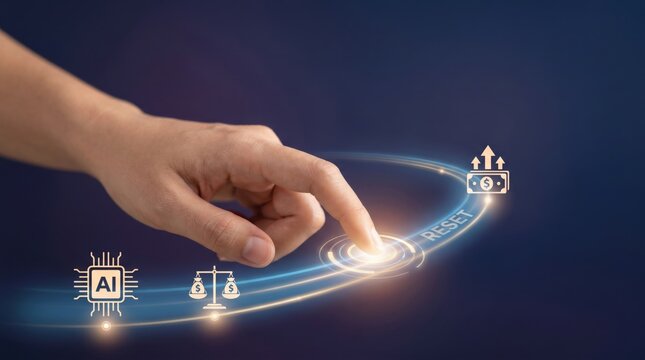AI Valuation Pressure - A hand taps a reset point along a path from AI to valuation to cash flow, representing financial repricing in a clean, minimal business scene.