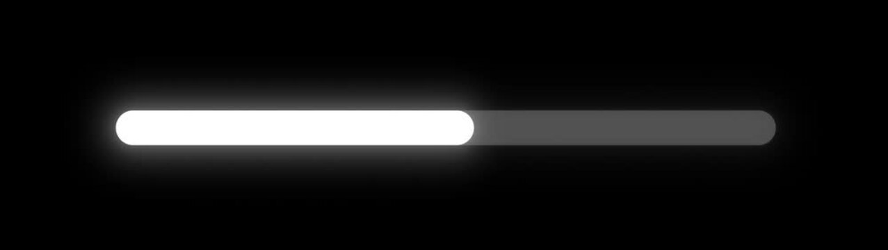 Glowing white loading bar animation with neon light effect progress slider element on plain black screen background overlay for web interface and tech design
