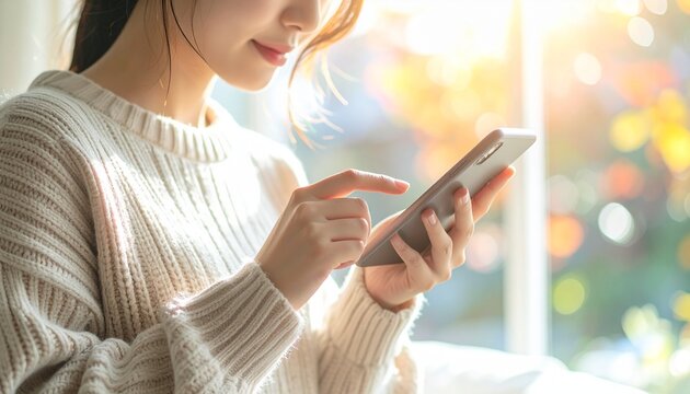健康アプリを片手でスクロールする日本人・リビング室内・顔なし胸元構図 / Japanese Person One-Hand Scrolling Health Wellness App &mdash; Chest-Up Frame, Face Excluded, Soft Living Room Bokeh, Healthcare Digital Lifestyle, Natural Light