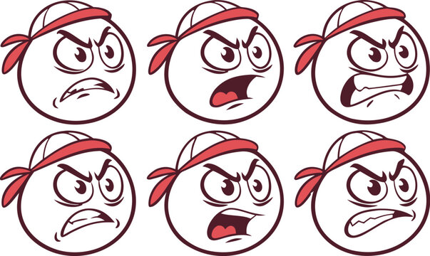 Set of six circular cartoon faces with angry expressions, wearing red bandanas, isolated on a white background, style