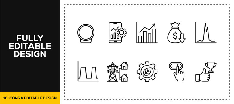 flat vector illustration line art icon bundle set design highlighting data analytics target charts gears business statistics market analysis and growth graphics for web UI