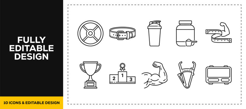flat vector illustration line art icon bundle set design highlighting gym supplements protein shaker cups fitness nutrition healthy diets and bodybuilding graphics for UI