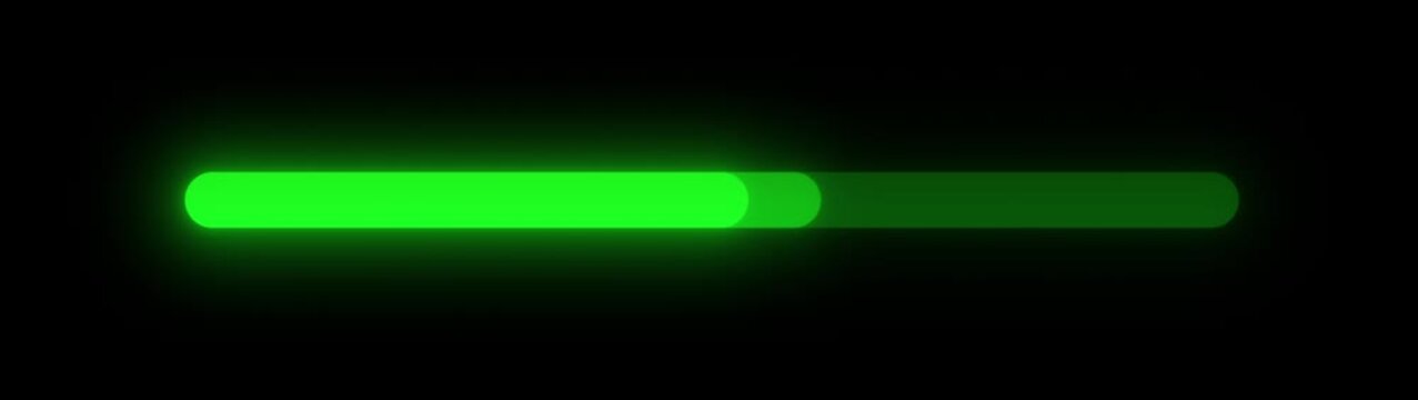 Sci-fi computer HUD style loading indicator bar with green glowing animated progress track on a dark black screen background overlay for editing
