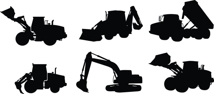 Construction Heavy Equipment Silhouette Set with Excavator Loader Backhoe and Dump Truck Collection.
