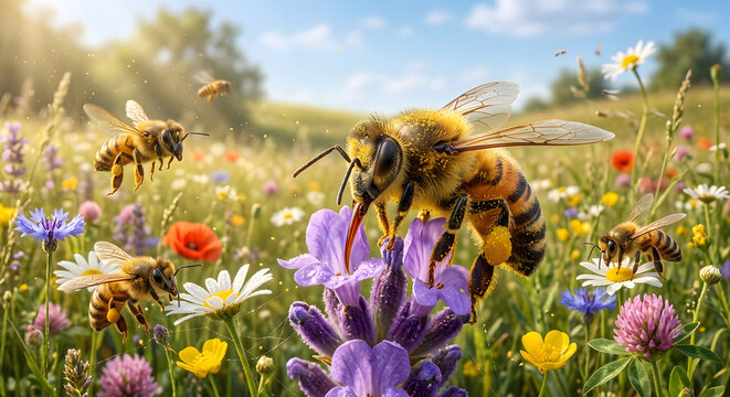 Golden Harvest &ndash; Extreme Macro Wildlife Documentary of Honey Bees Collecting Nectar from Colorful Wildflowers in a Sunlit Meadow
