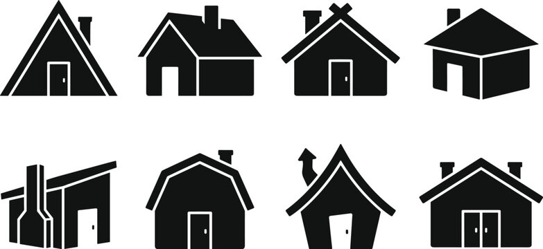 Set of House Silhouette Icons with Different Roof Shapes and Chimneys
