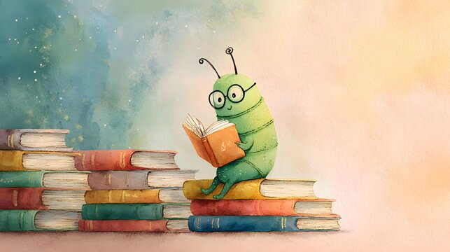 Cute green caterpillar reading a book on stacked books.