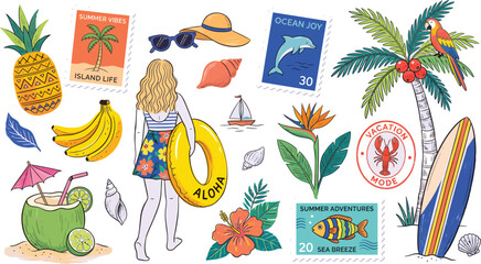 Tropical Summer Illustration With Fruits Flowers And Beach Elements © Mehedi