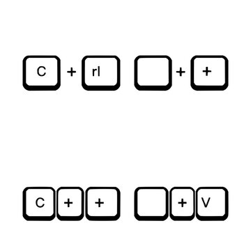Keyboard key pairs set with minimalist vector illustration of a 2x2 grid featuring Ctrl, C, Ctrl, V, plus sign with black outline and monochrome