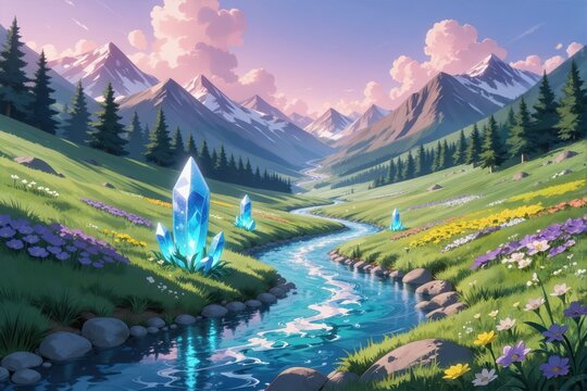 Fantasy Mountain Valley with Glowing Crystals and Winding River at Sunrise, Anime Landscape, Generative AI