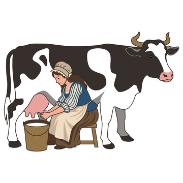 Traditional Milkmaid Milking Spotted Dairy Cow into Bucket - Animals Illustration Isolated on Transparent Background