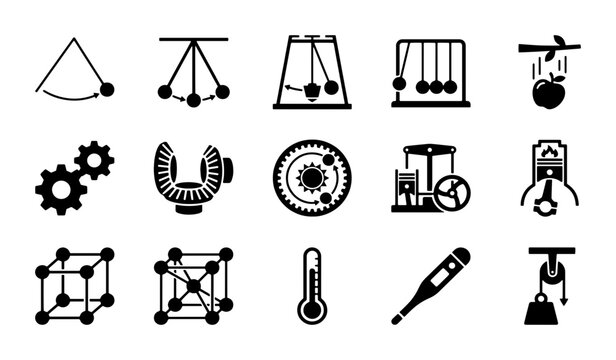 Physics and mechanics icon set, 15 black vector symbols of scientific experiments and engineering tools, educational laboratory equipment graphics