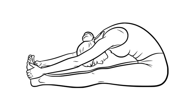 Woman practicing Paschimottanasana yoga pose, forward bend, seated hamstring stretch