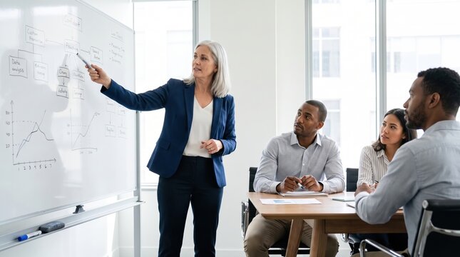 Senior woman presents data on whiteboard to diverse colleagues. Professional office setting showing leadership and collaboration. Ideal for corporate training and business articles.